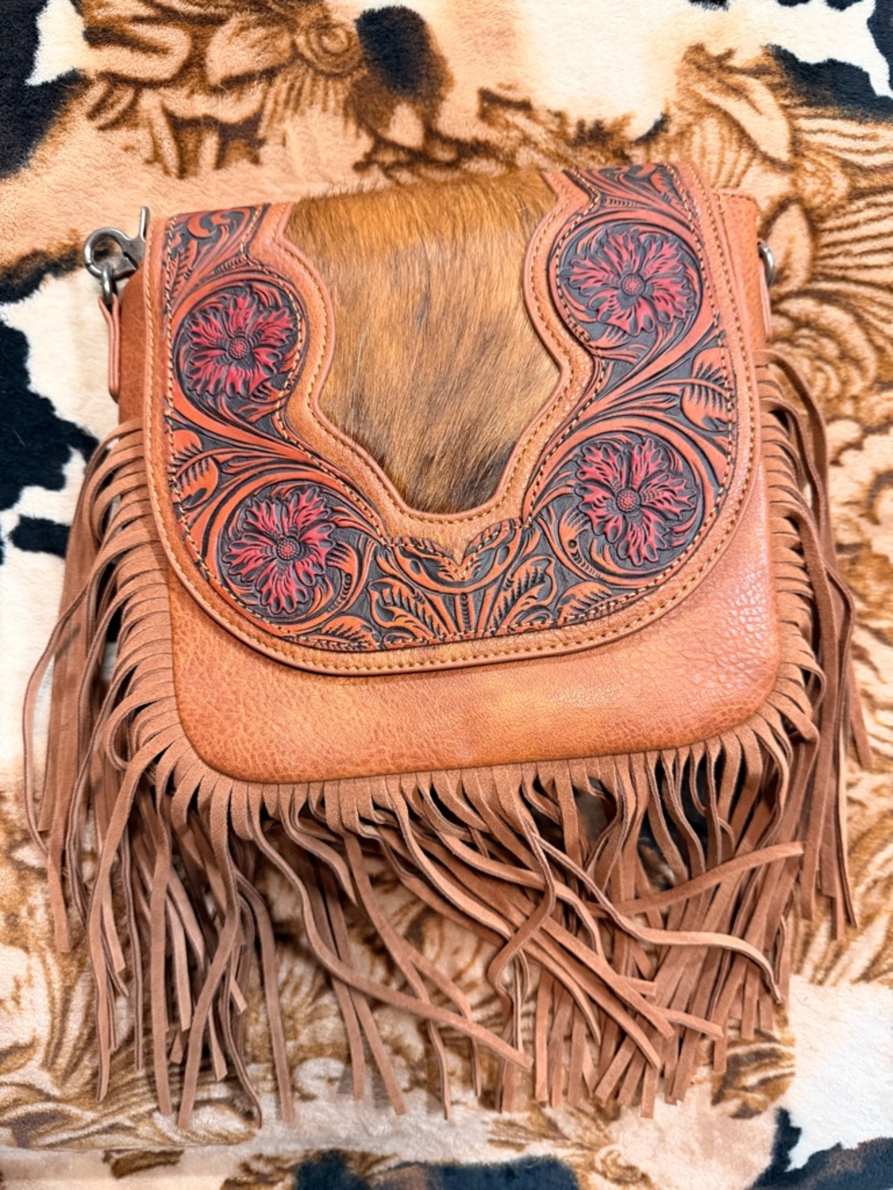 Fringed Tooled Leather Crossbody Bag in Brown